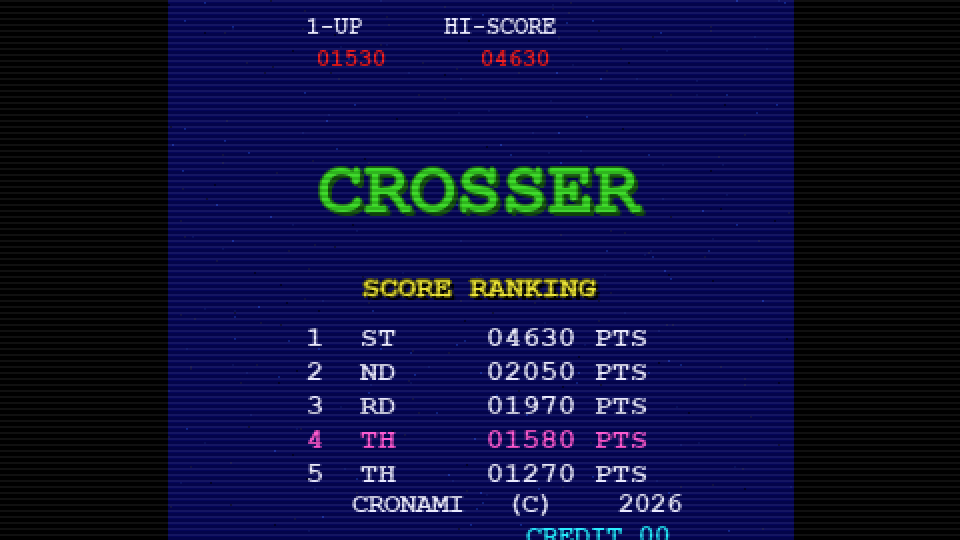 Crosser retro arcade title screen with score ranking and Cronami credit